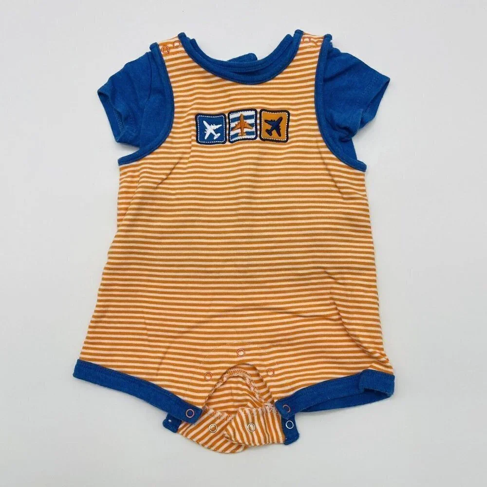 Offspring Infant Boys Size 6 Months Embroidered Airplane Striped Overalls 801‎